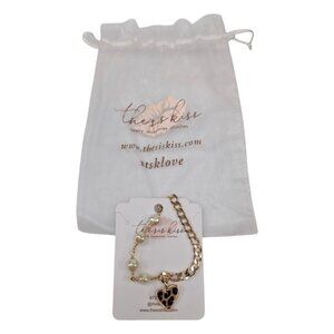 The Sis Kiss Heart Charm Bracelet Womens Tortoise Shell Gold Tone Beaded